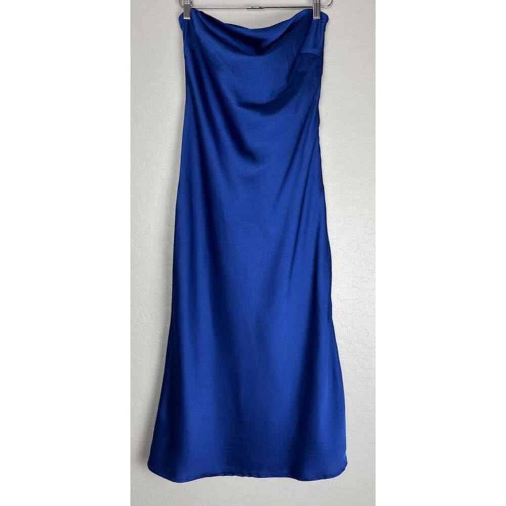 Lulus Effortless Bliss Blue Satin Strapless Cowl Back Midi Dress M $79 1635